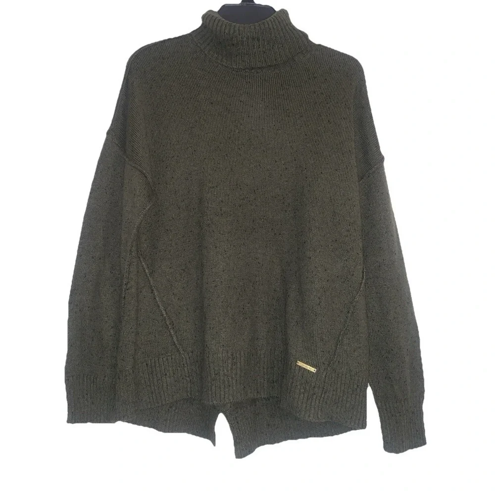 Michael Michael Kors Sweater Women L Olive Green Turtleneck Knit Logo Wool Blend
